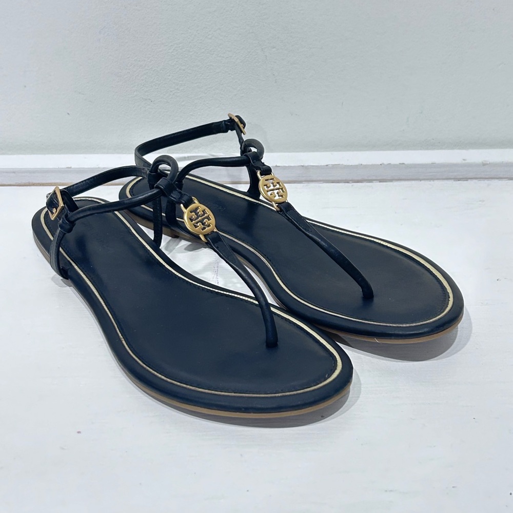 Tory Burch Women’s Emmy Black Leather Thong Sandals Adjustable Buckle Size 7–7.5